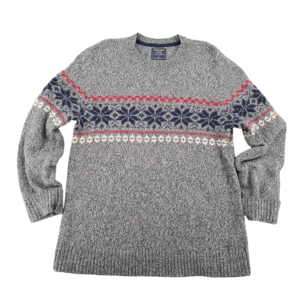 Abercrombie & Fitch Mens Large Grey Fair Isle Snowflake Merino Wool Sweater